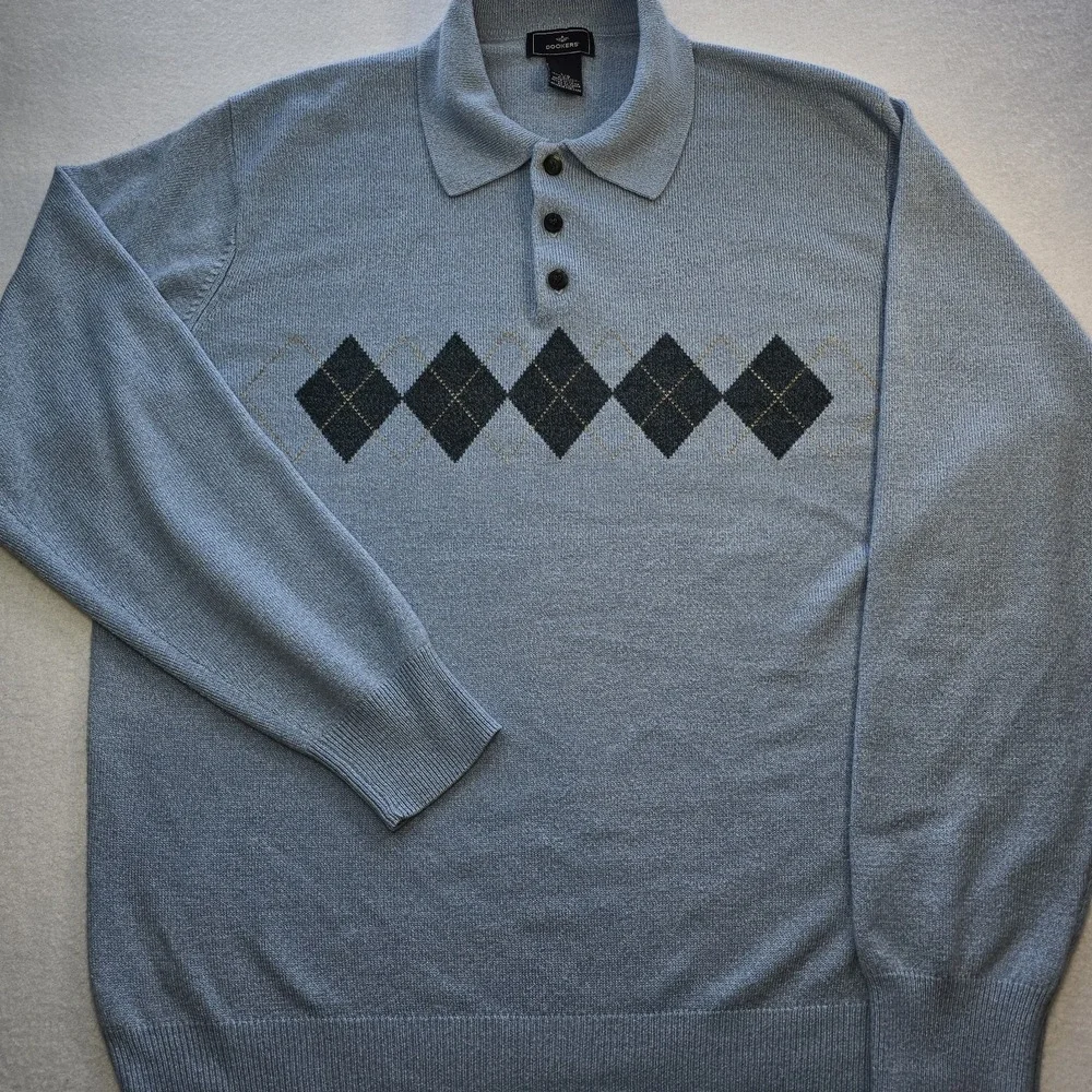 Dockers Men's Argyle Polo Sweater Blue Knit Pullover Vintage Old Money Preppy L‎